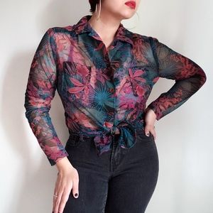 Vintage mixed media sheer button down blouse